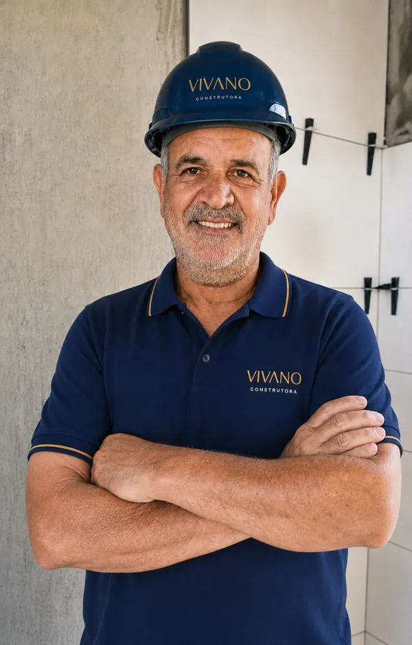 Mestre de obra da Vivano Construtora no canteiro, de capacete e uniforme